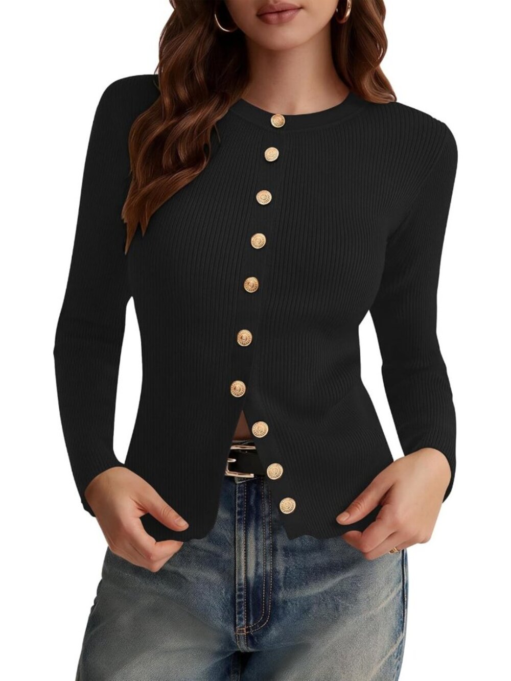 Fitted Ribbed Knit Button-Up Cardigan Sweater for Women - Cozy & Stylish Top